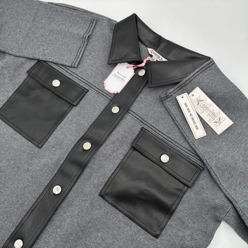 Nanette Lepore Women's Button Up Faux Leather Trim Cardigan, Size XL, Charcoal